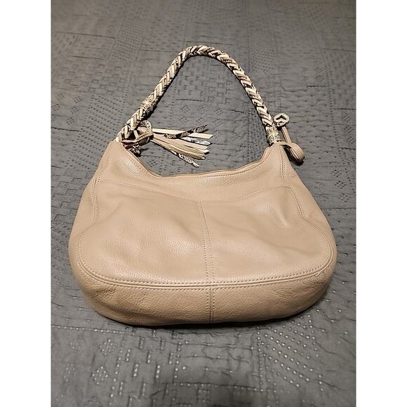 BRIGHTON BABY BARBADOS PEBBLED TAUPE SHOULDER HANDBAG W/BRAIDED SHOULDER STRAP - Picture 2 of 7